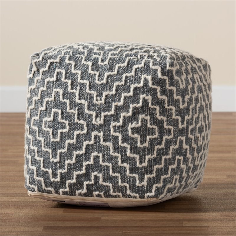 Baxton Studio Benjamin Bohemian Grey and Ivory Cotton Blend Pouf Ottoman