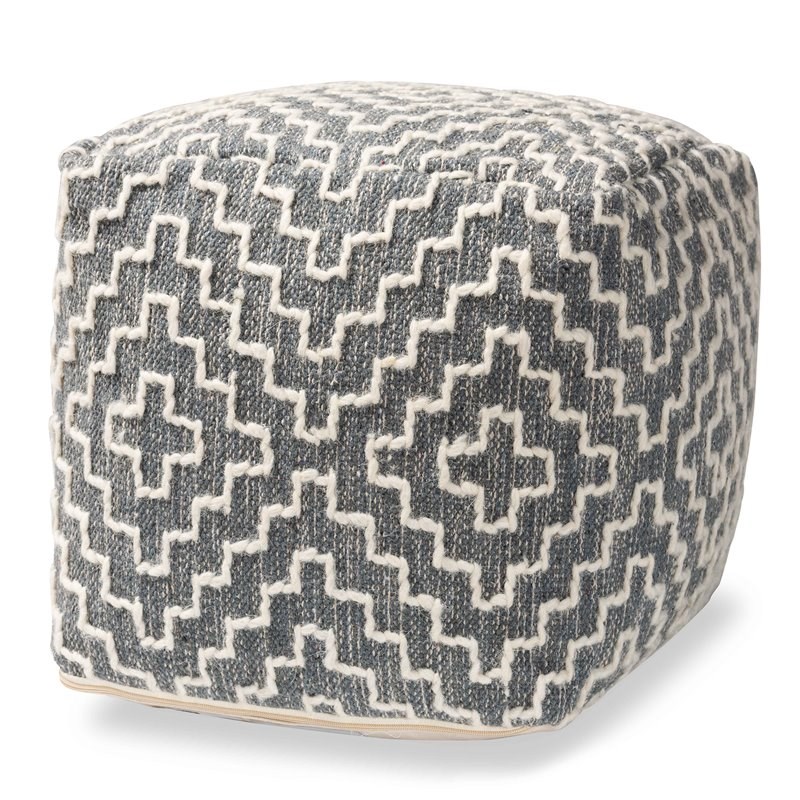 Baxton Studio Benjamin Bohemian Grey and Ivory Cotton Blend Pouf Ottoman