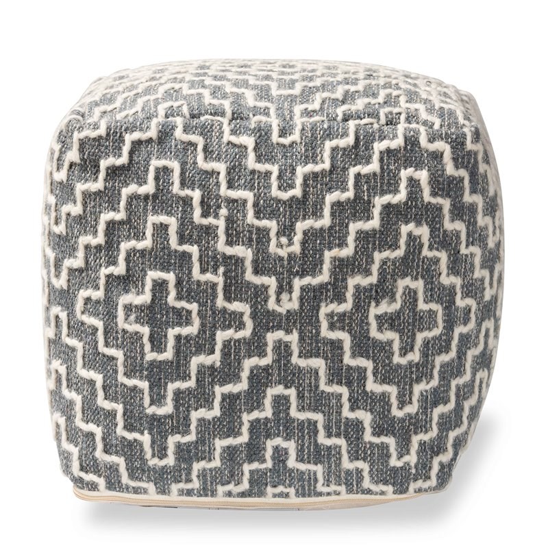 Baxton Studio Benjamin Bohemian Grey and Ivory Cotton Blend Pouf Ottoman