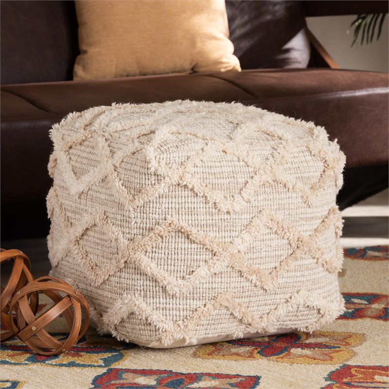 Baxton Studio Carilyn Moroccan Inspired Ivory Handwoven Wool Blend Pouf Ottoman