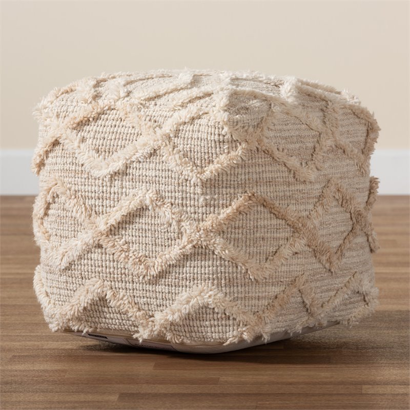 Baxton Studio Carilyn Moroccan Inspired Ivory Handwoven Wool Blend Pouf Ottoman