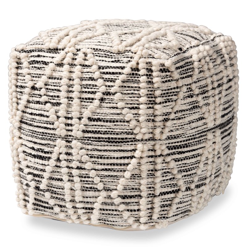 Baxton Studio Sentir Moroccan Inspired Ivory and Black Wool Blend Pouf Ottoman