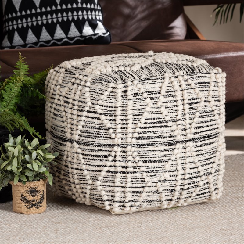 Baxton Studio Sentir Moroccan Inspired Ivory and Black Wool Blend Pouf Ottoman