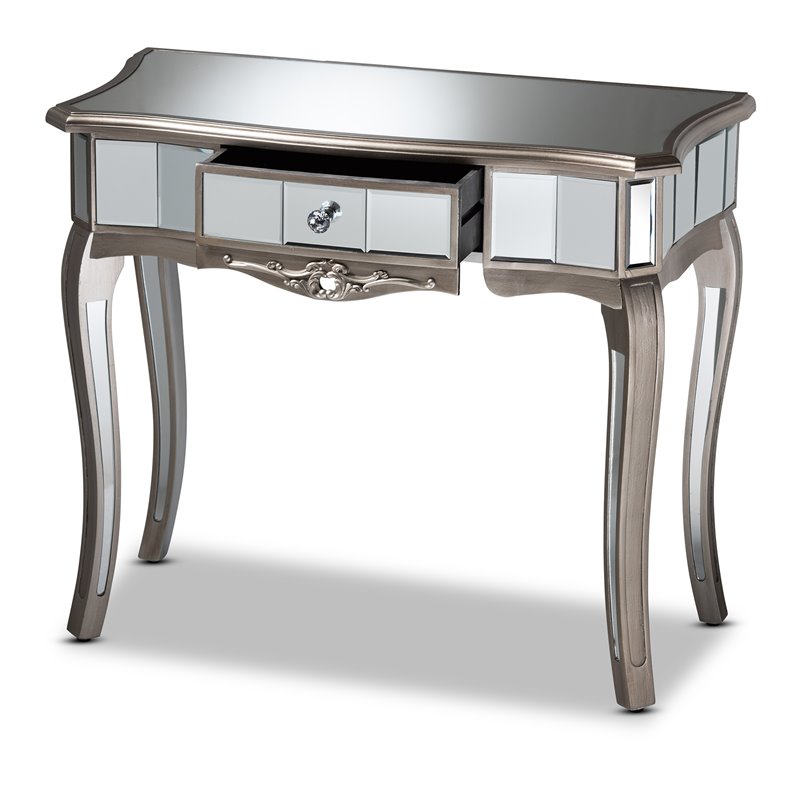 Baxton Studio Silver Finished Wood and Mirrored Glass 1 Drawer Console Table