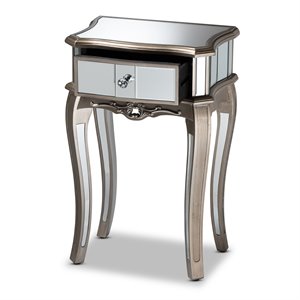 baxton studio elgin brushed silver wood and mirrored glass 1-drawer end table