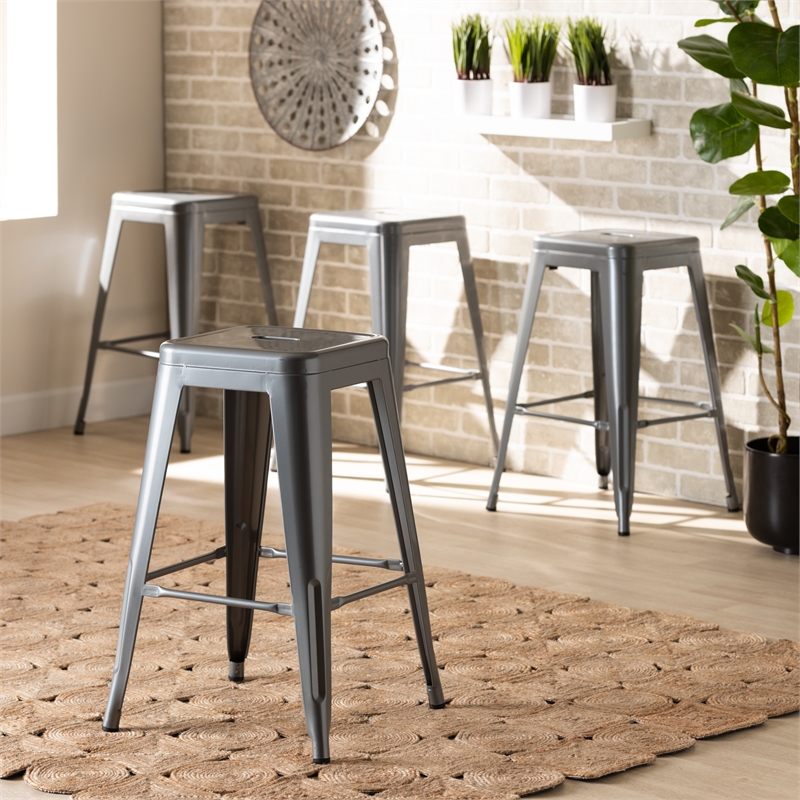 Baxton Studio Horton Grey Finished Metal 4-Piece Stackable Counter Stool Set