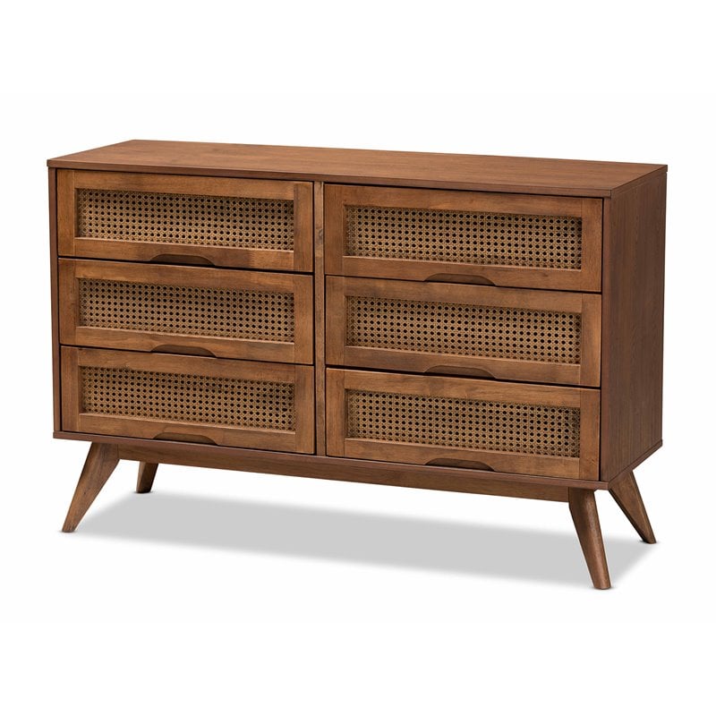 Baxton Studio Barrett Brown Finished Wood and Synthetic Rattan 6-Drawer Dresser