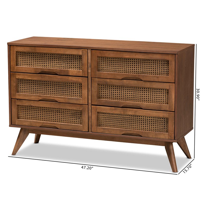 Baxton Studio Barrett Brown Finished Wood and Synthetic Rattan 6-Drawer Dresser