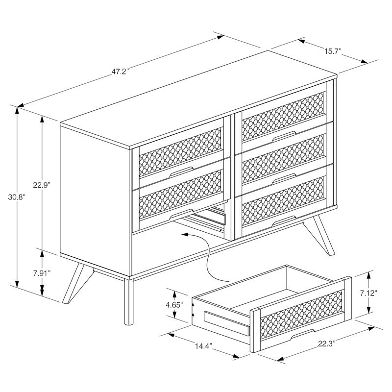Baxton Studio Barrett Brown Finished Wood and Synthetic Rattan 6-Drawer Dresser