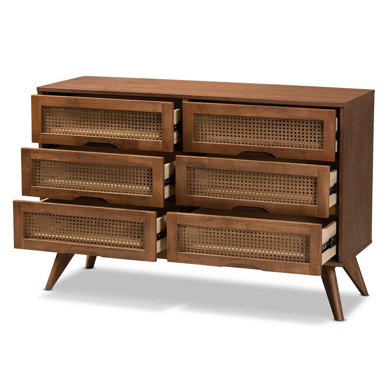 Baxton Studio Barrett Brown Finished Wood and Synthetic Rattan 6-Drawer Dresser