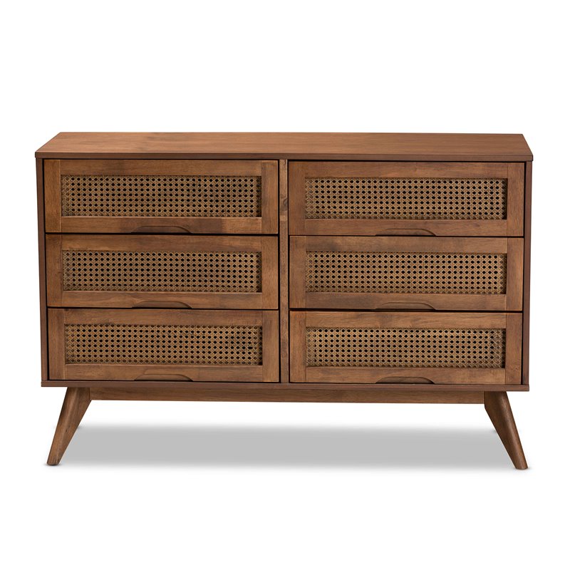 Baxton Studio Barrett Brown Finished Wood and Synthetic Rattan 6-Drawer Dresser