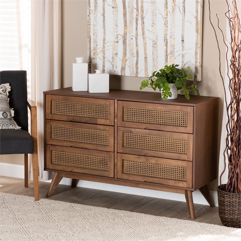 Baxton Studio Barrett Brown Finished Wood and Synthetic Rattan 6-Drawer Dresser