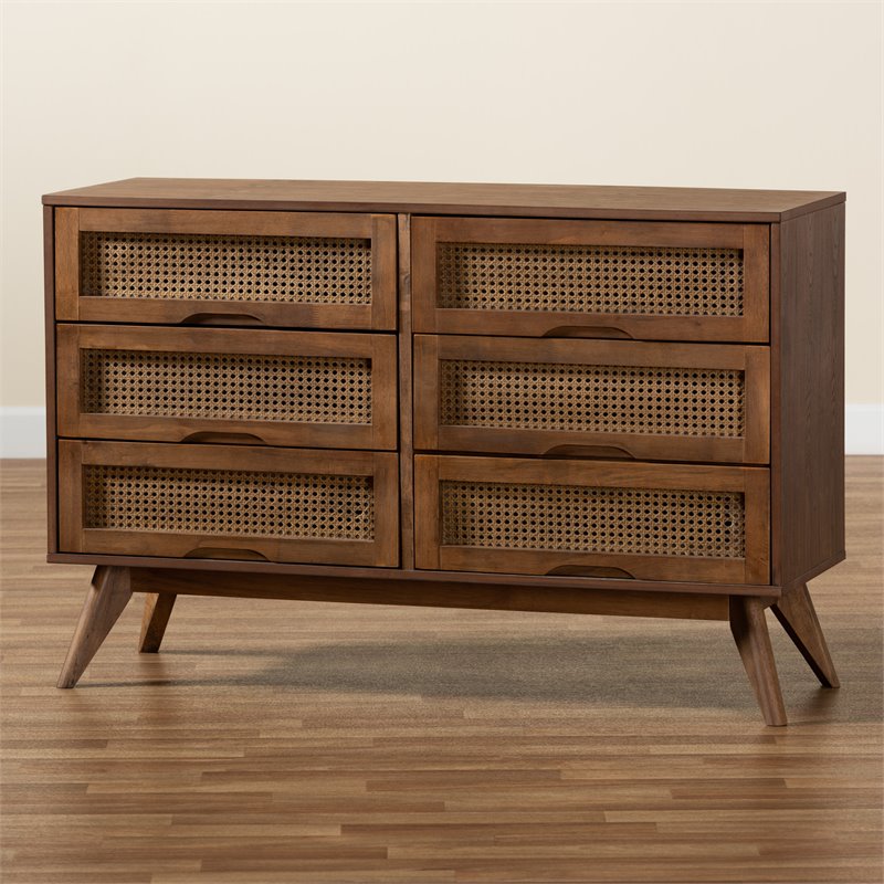 Baxton Studio Barrett Brown Finished Wood and Synthetic Rattan 6-Drawer Dresser