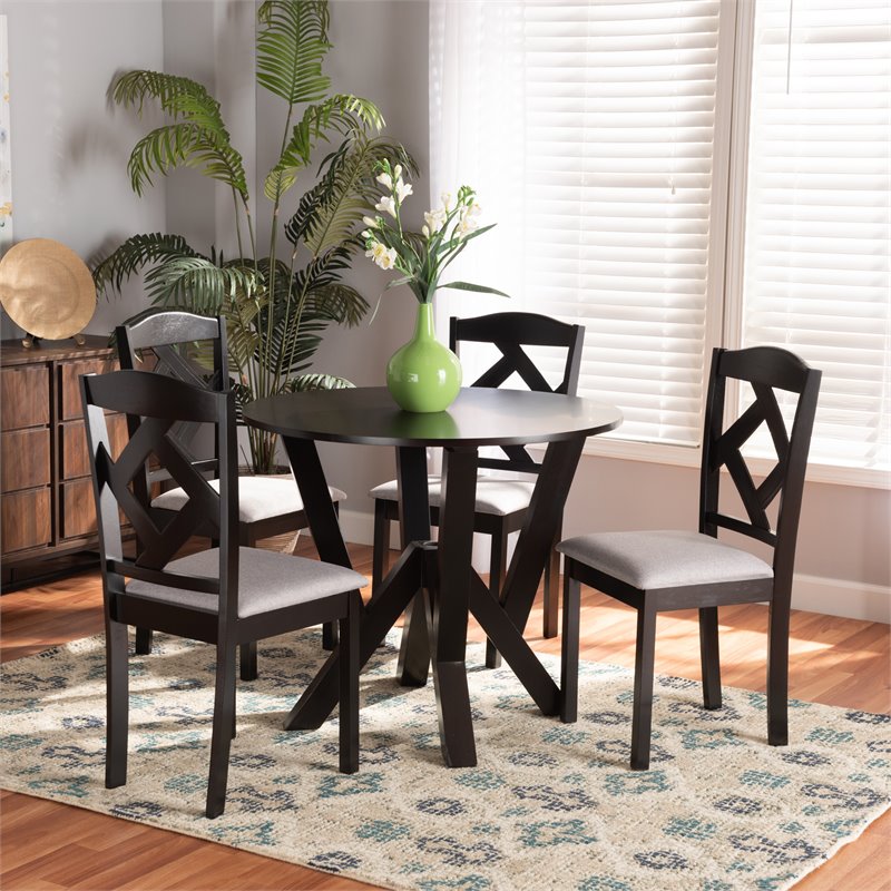 Baxton Studio Riona Grey Fabric and Dark Brown Finished Wood 5-Piece Dining Set