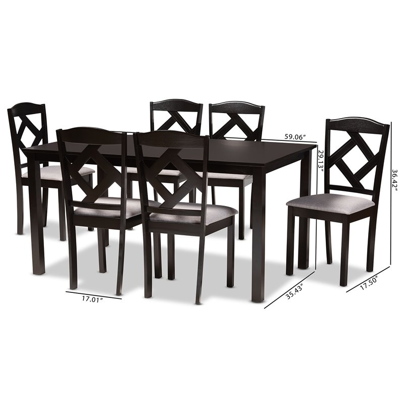 Baxton Studio Ruth Grey Fabric and Dark Brown Finished Wood 7-Piece Dining Set