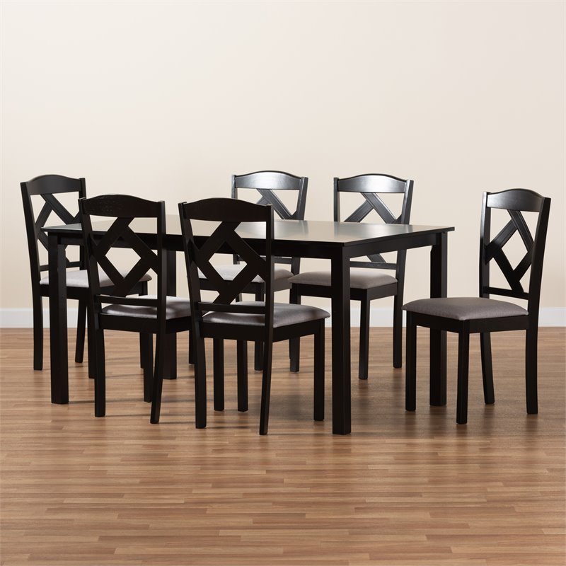 Baxton Studio Ruth Grey Fabric and Dark Brown Finished Wood 7-Piece Dining Set