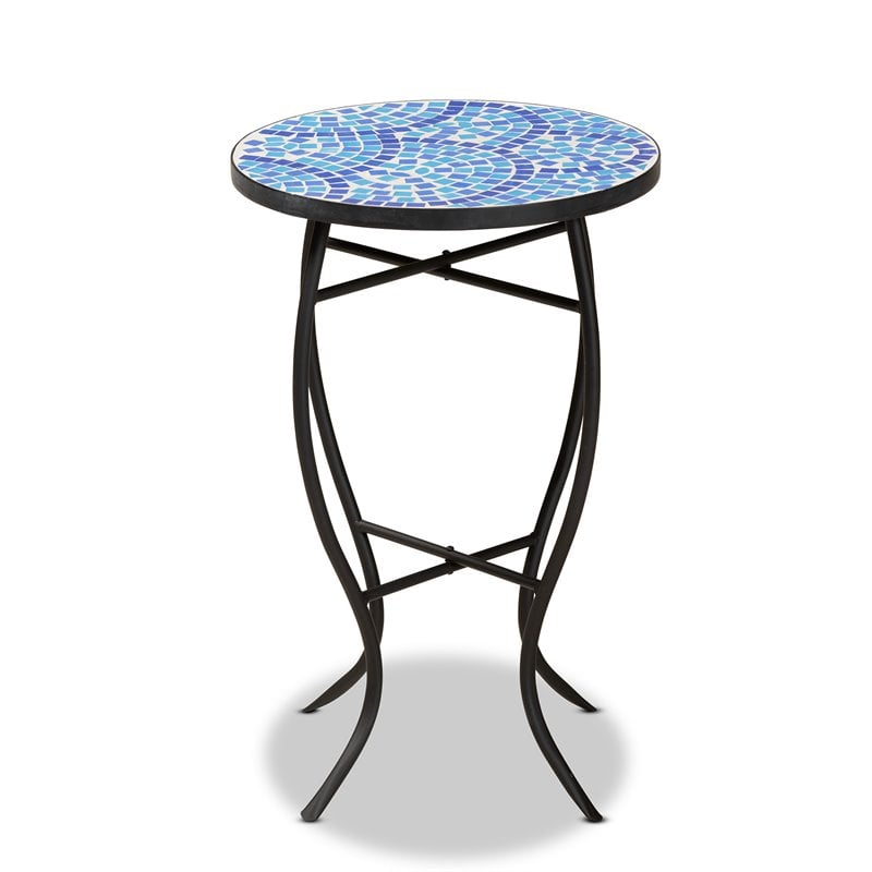Baxton Studio Gaenor Black Metal and Blue Glass Plant Stand
