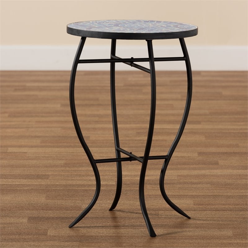 Baxton Studio Gaenor Black Metal and Blue Glass Plant Stand