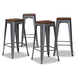 baxton studio horton grey metal and brown finished wood 4-piece bar stool set