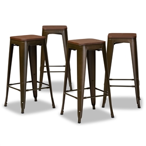 baxton studio horton brown metal and brown finished wood 4-piece bar stool set