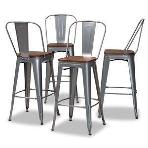 baxton studio rosetta grey metal and brown finished wood 4-piece bar stool set