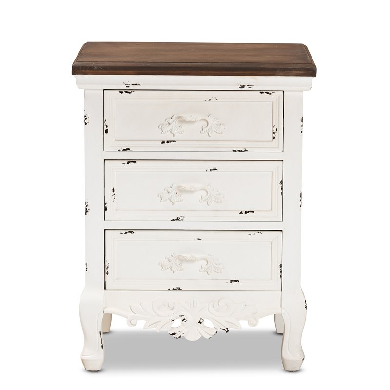 Baxton Studio Levron Brown and Antique White Finished Wood 3-Drawer End Table