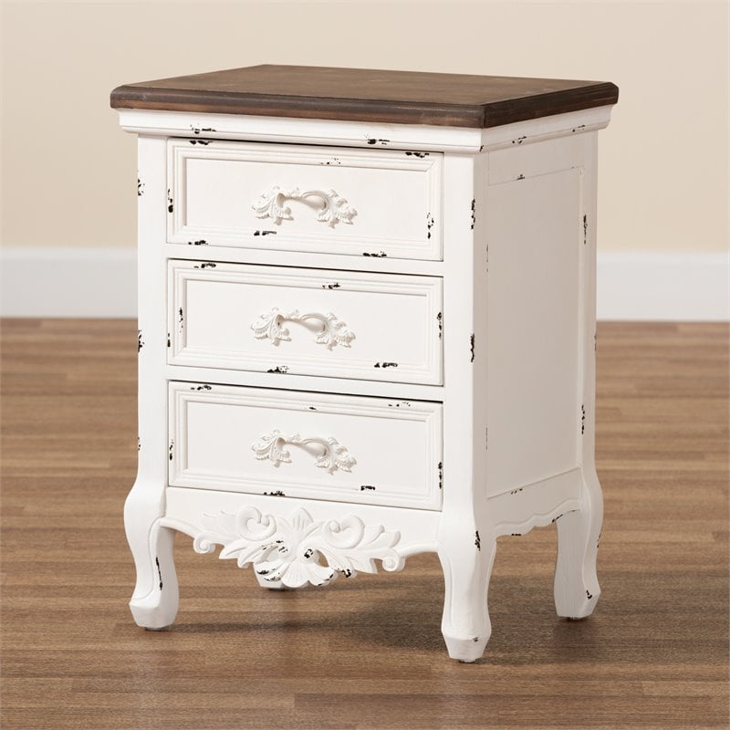 Baxton Studio Levron Brown and Antique White Finished Wood 3-Drawer End Table