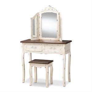 baxton studio levron brown and antique white finished wood 2-piece vanity set