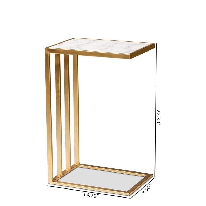 Baxton Studio Parkin Gold Finished Metal C Shaped End Table with Marble Tabletop