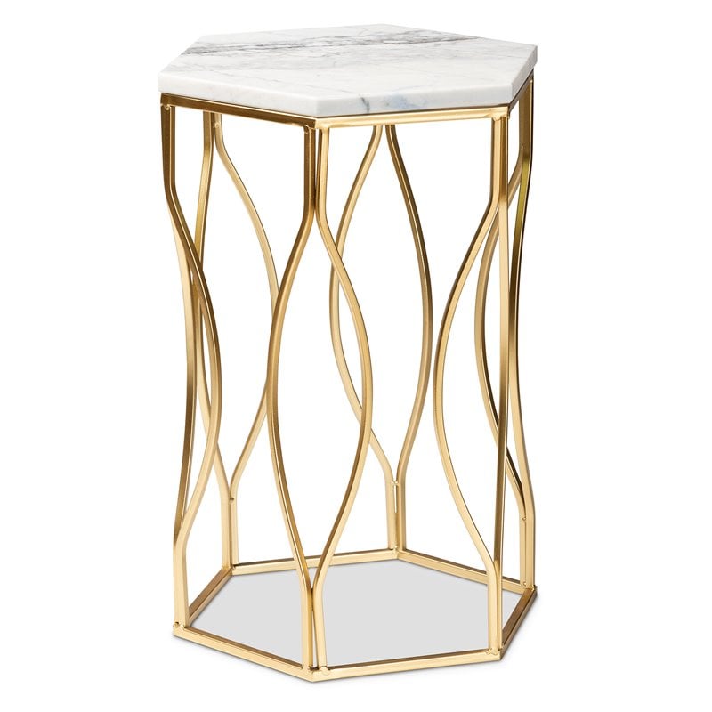 Baxton Studio Kalena Gold Metal End Table with Marble Tabletop