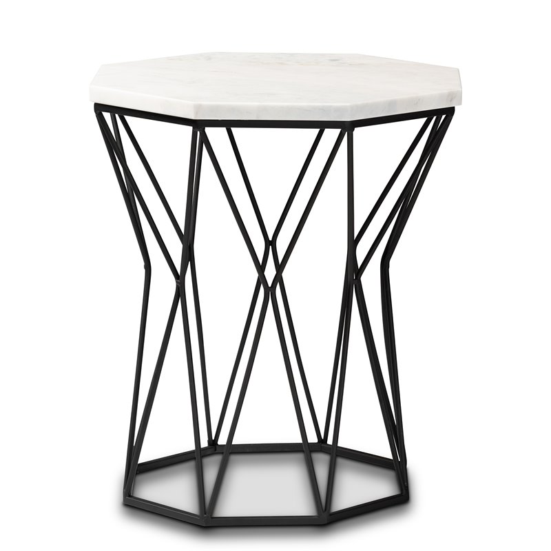Baxton Studio Venedict Black Metal End Table with Marble Tabletop