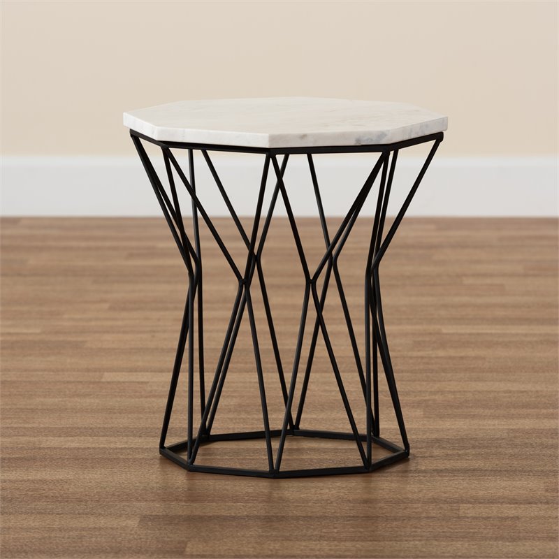 Baxton Studio Venedict Black Metal End Table with Marble Tabletop