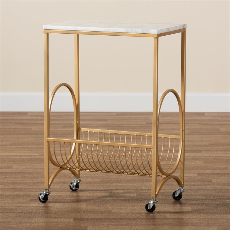 Baxton Studio Jacek Gold Finished Metal Wine Cart with Marble Tabletop
