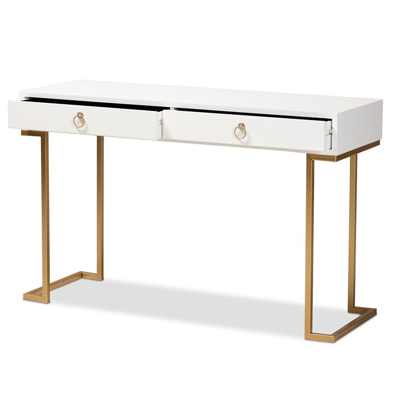 Baxton Studio Beagan White Finished Wood and Gold Metal 2-Drawer Console Table