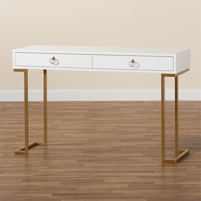 Baxton Studio Beagan White Finished Wood and Gold Metal 2-Drawer Console Table