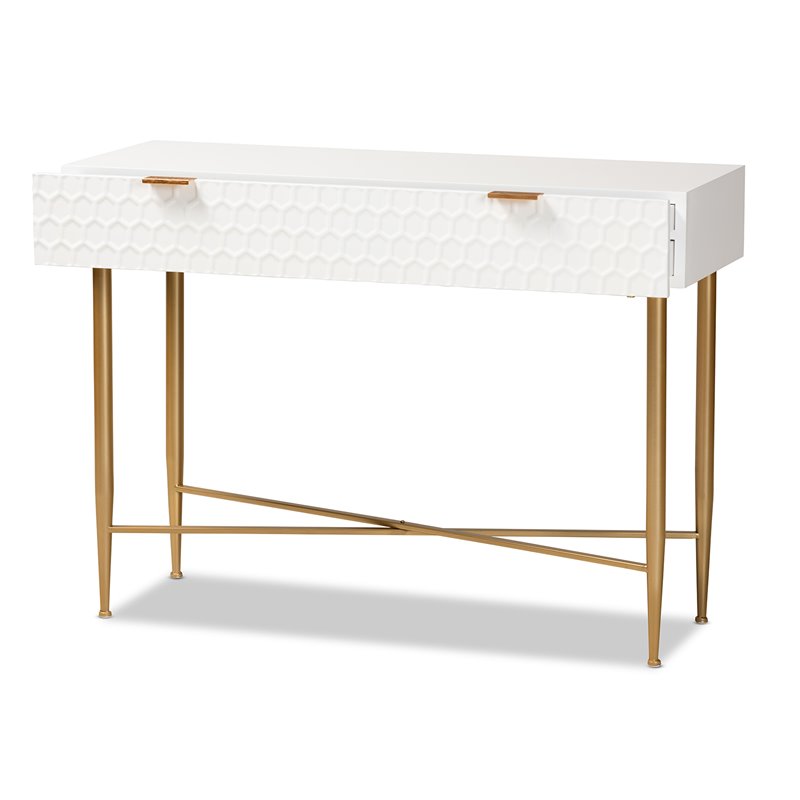 Baxton Studio Galia White Finished Wood and Gold Metal 1-Drawer Console Table