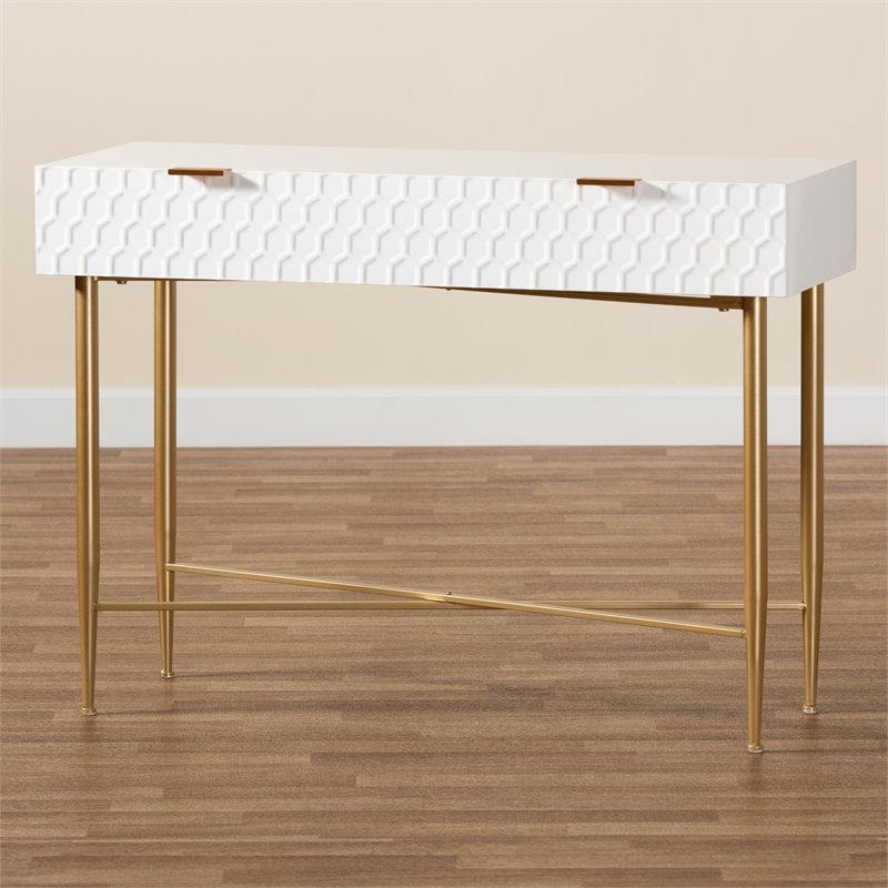Baxton Studio Galia White Finished Wood and Gold Metal 1-Drawer Console Table