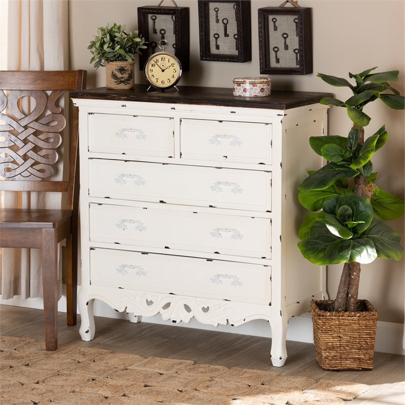 Baxton Studio Levron Brown and White Finished Wood 5-Drawer Storage Cabinet