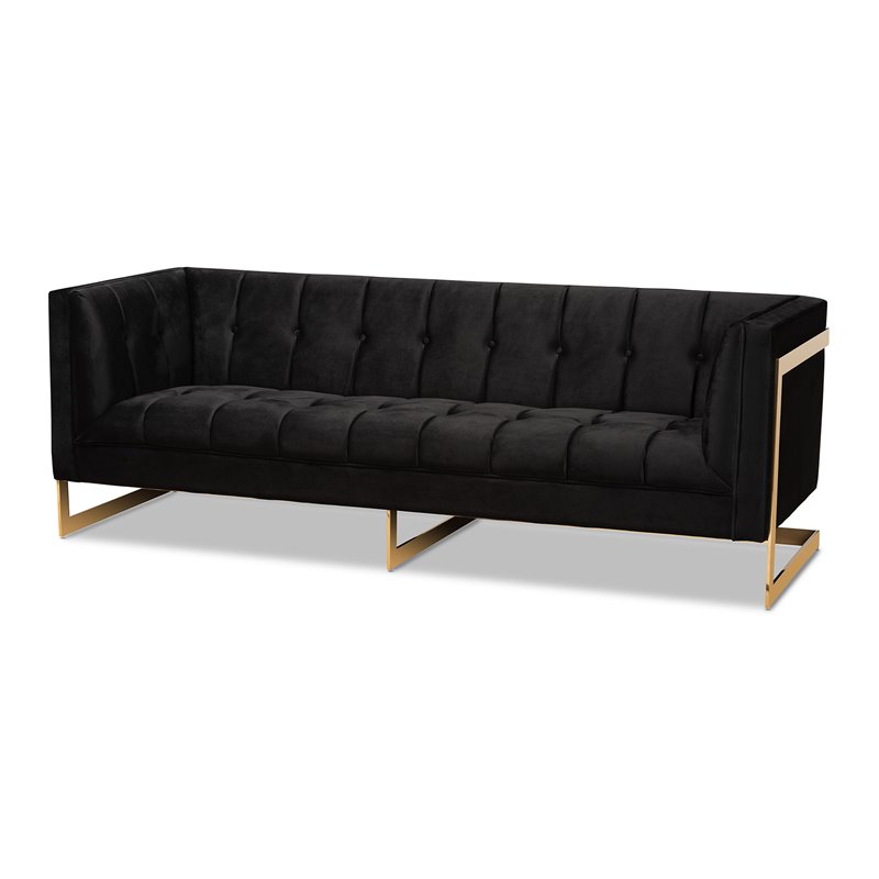 Baxton Studio Ambra Black Velvet and Button Tufted Sofa with Gold-Tone Frame