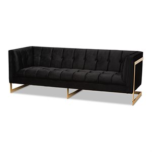 Baxton Studio Ambra Black Velvet and Button Tufted Sofa with Gold-Tone Frame