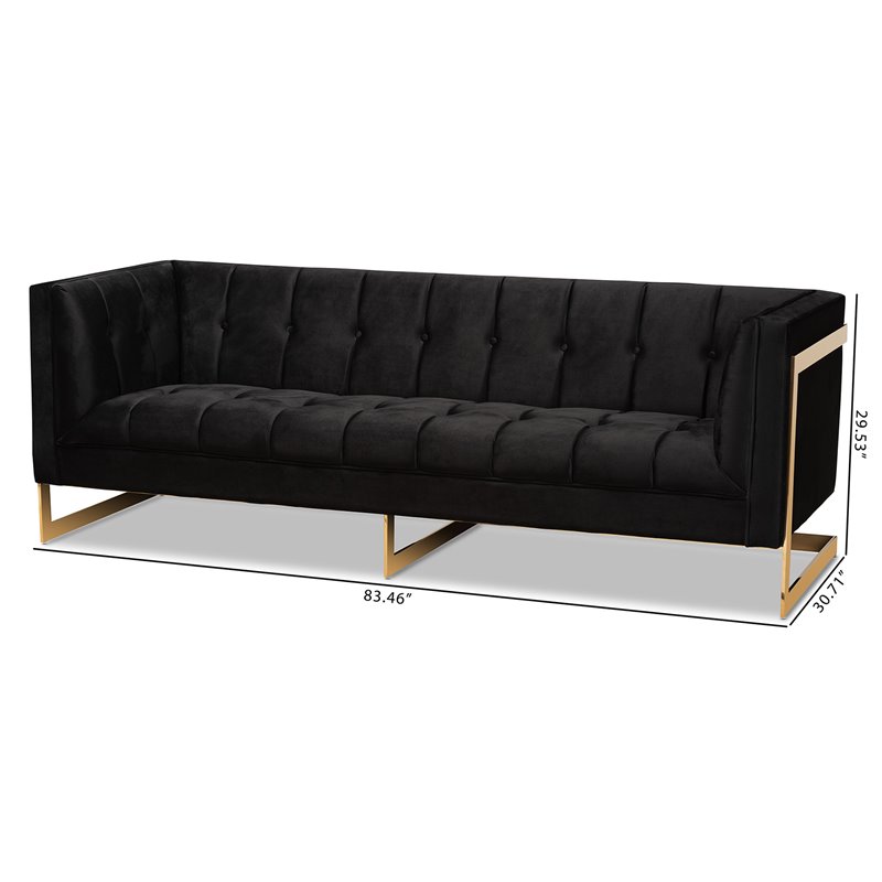Baxton Studio Ambra Black Velvet and Button Tufted Sofa with Gold-Tone Frame