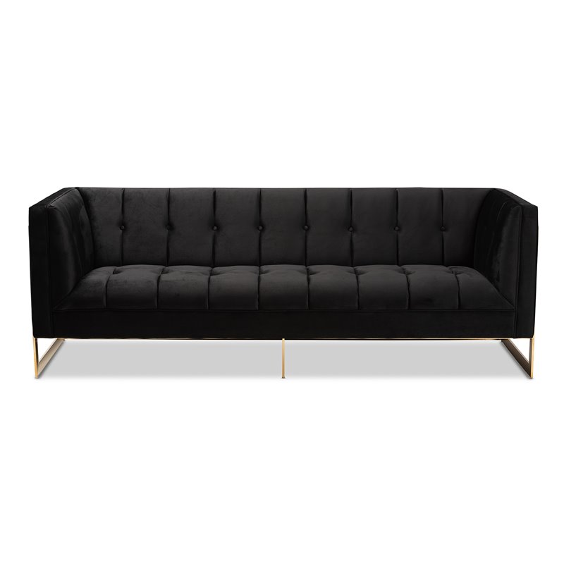 Baxton Studio Ambra Black Velvet and Button Tufted Sofa with Gold-Tone Frame