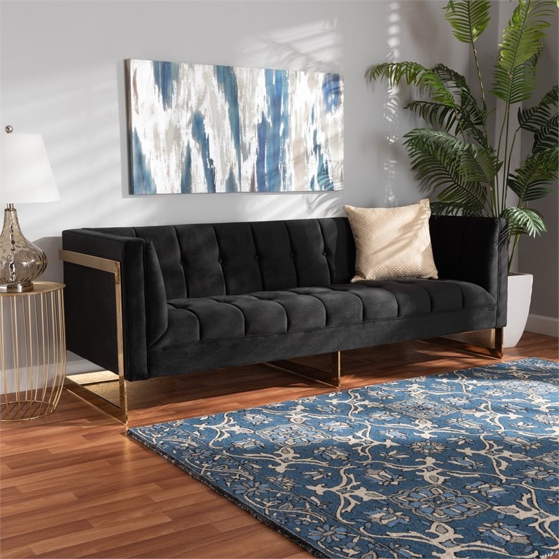 Baxton Studio Ambra Black Velvet and Button Tufted Sofa with Gold-Tone Frame