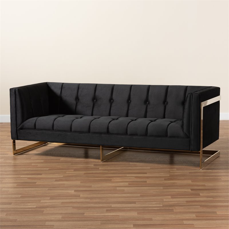 Baxton Studio Ambra Black Velvet and Button Tufted Sofa with Gold-Tone Frame