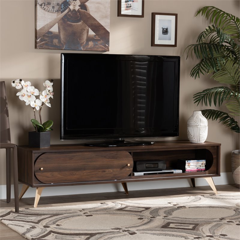 Baxton Studio Dena Walnut Brown Wood and Gold Finished TV Stand