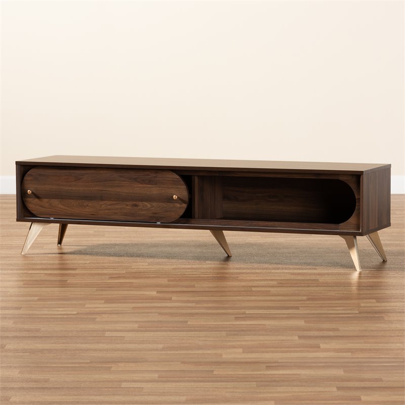 Baxton Studio Dena Walnut Brown Wood and Gold Finished TV Stand