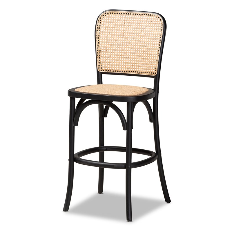Baxton Studio Vance Brown Woven Rattan and Black Wood Cane Counter Stool