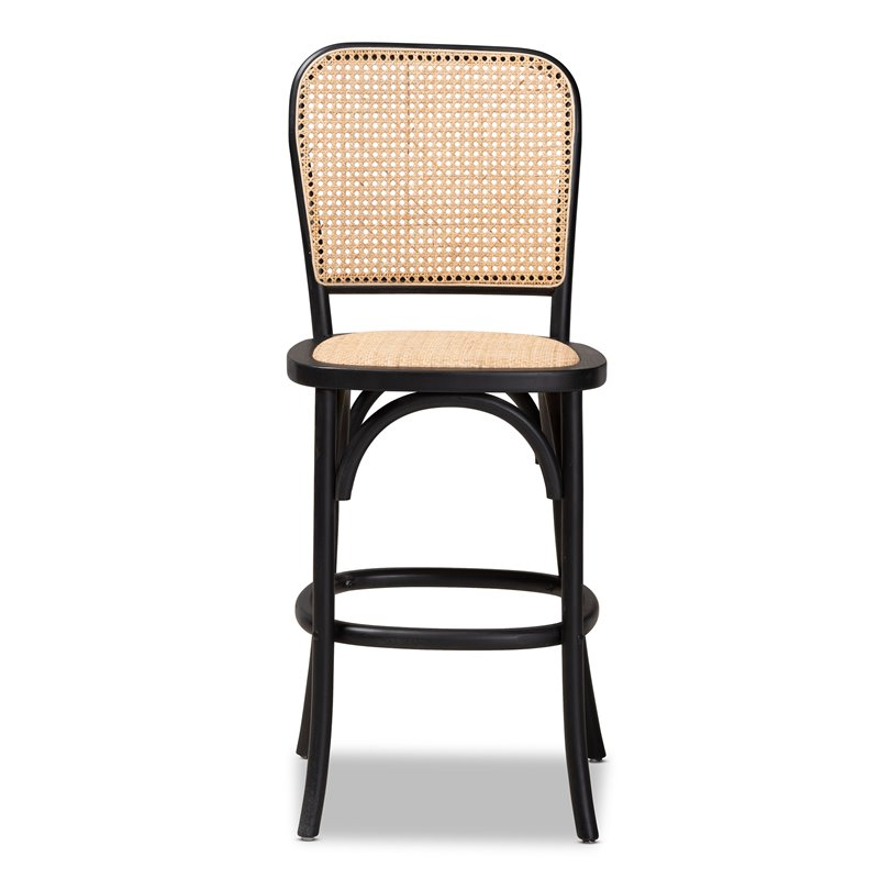 Baxton Studio Vance Brown Woven Rattan and Black Wood Cane Counter Stool