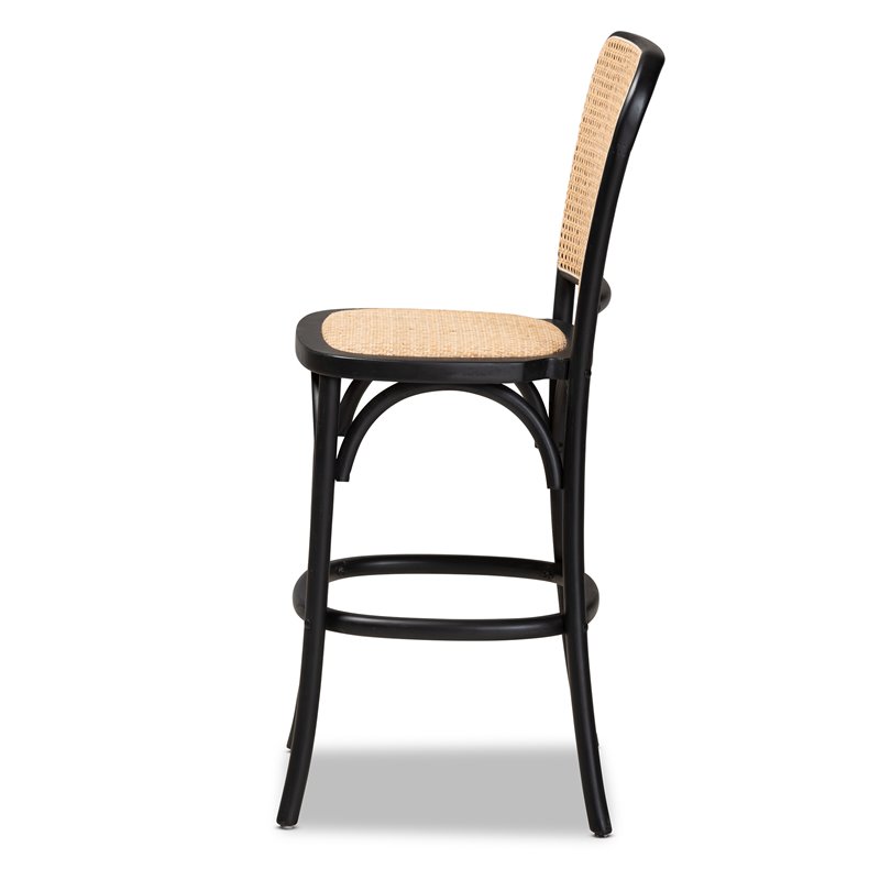 Baxton Studio Vance Brown Woven Rattan and Black Wood Cane Counter Stool