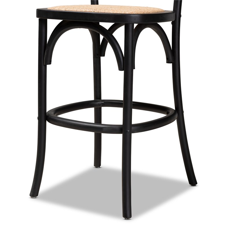 Baxton Studio Vance Brown Woven Rattan and Black Wood Cane Counter Stool